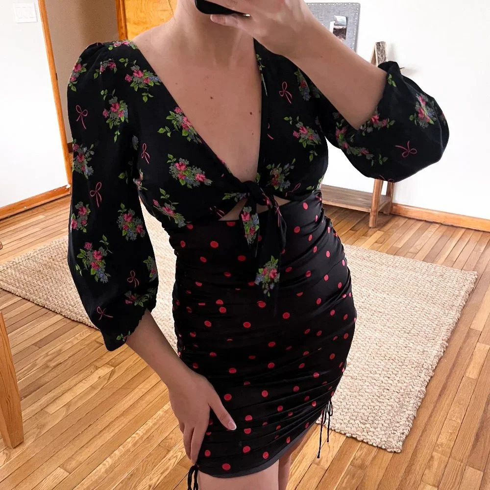 For Love & Lemons Black Satin Floral Bow Polka Dot Cutout Bodycon Midi Dress S